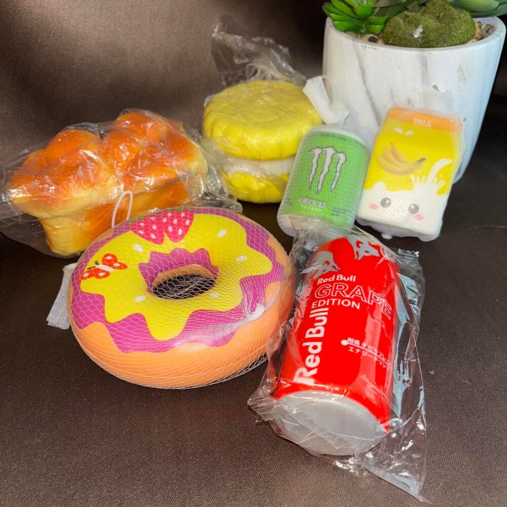 Squishee squish bundle Red Bull grape edition can and donut plush